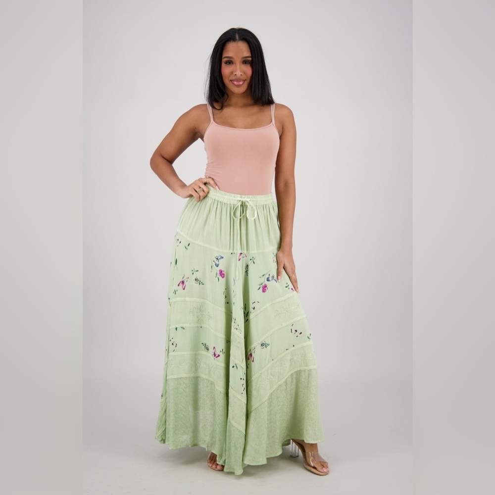 Nwt Embroidered sage floral panel Maxi Skirt
